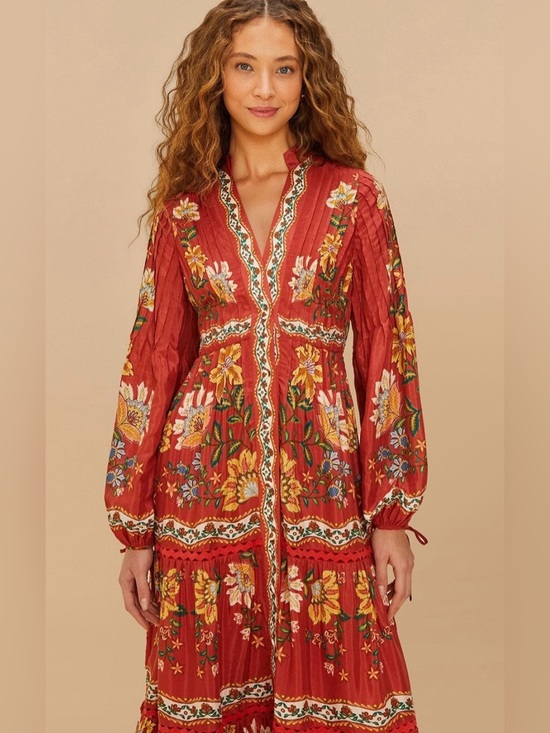 FARM Rio Dresses & Skirts - Farm Rio Red Garden Delight Long Sleeve Midi Dress size M runs small